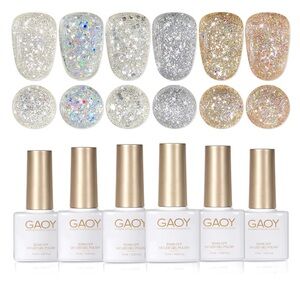 GAOY Glitter UV Cure Gel Nail Polish Set, 6 Colors Silver Gold Champagne Sparkly